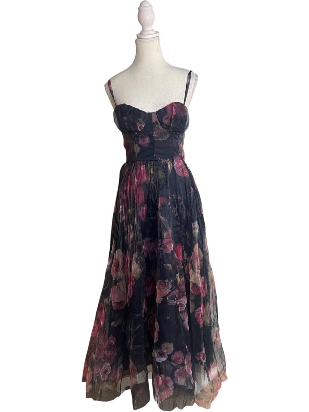 Lulus Alluring Invite Pleated Bustier Spaghetti Strap Midi Dress Blue Floral